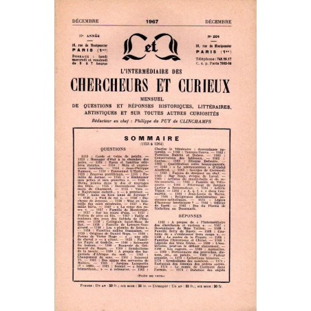 L'Intermédiaire des chercheurs et curieux n° 201 décembre 1967